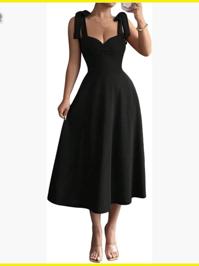 Elegant Sleeveless Midi Dress Bow Flare Ruffle Cocktail Party Summer Formal